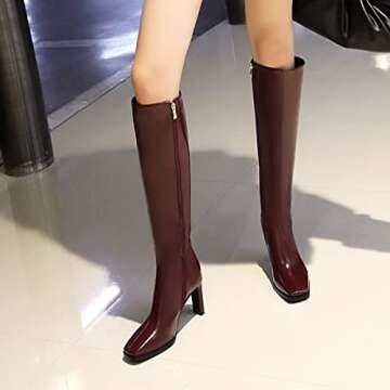 SHEMEE Women's Square Toe Chunky Heeled Knee High Boots Block Heels Tall Boot with Side Zipper(Burgundy, us 6)