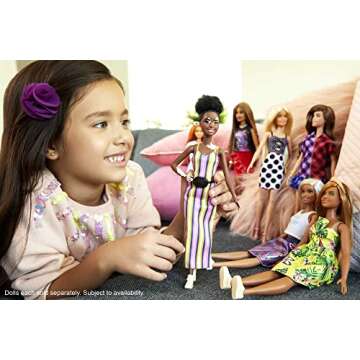 Barbie Fashionistas Doll #135 with Natural Curly Hair & Vitiligo Wearing Striped Dress & Accessories Including Sneakers & Fanny Pack