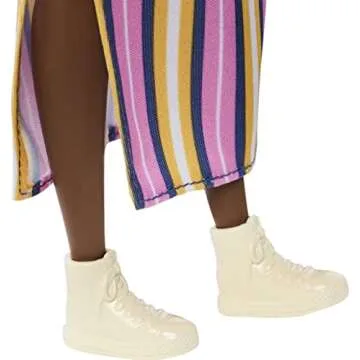 Barbie Fashionistas Doll #135 with Natural Curly Hair & Vitiligo Wearing Striped Dress & Accessories Including Sneakers & Fanny Pack