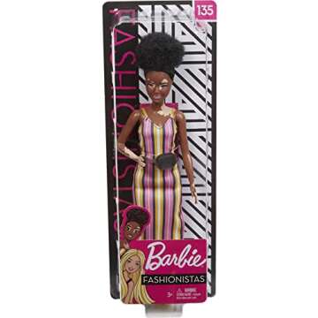 Barbie Fashionistas Doll #135 with Natural Curly Hair & Vitiligo Wearing Striped Dress & Accessories Including Sneakers & Fanny Pack