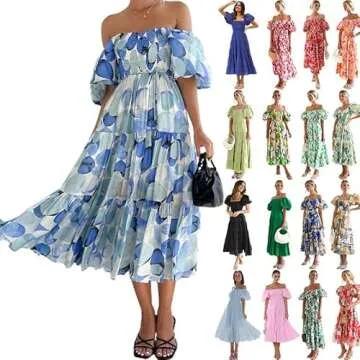 Costaric Boho Flowy Dress with Lantern Sleeves for Women