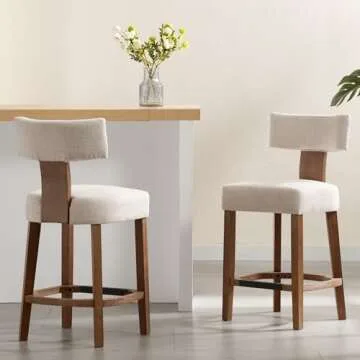 RIVOVA 26” Counter Stools Set of 2 Counter Height Bar Stools Modern Kitchen Bar Stools with Back and Solid Wood Legs, Farmhouse Upholstered Linen Island Stools Countertop Bar Chairs, Beige