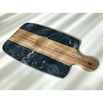 Monowood Premium Acacia Wood & Black Stone Cheese Board - Wooden Kitchen Chopping Boards for Cheese, Meat, Bread, Vegetables & Fruits - Wood Serving Board With Handle，13 x 7 Inch
