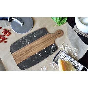 Monowood Premium Acacia Wood & Black Stone Cheese Board - Wooden Kitchen Chopping Boards for Cheese, Meat, Bread, Vegetables & Fruits - Wood Serving Board With Handle，13 x 7 Inch