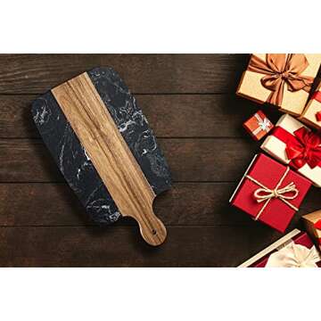 Monowood Premium Acacia Wood & Black Stone Cheese Board - Wooden Kitchen Chopping Boards for Cheese, Meat, Bread, Vegetables & Fruits - Wood Serving Board With Handle，13 x 7 Inch