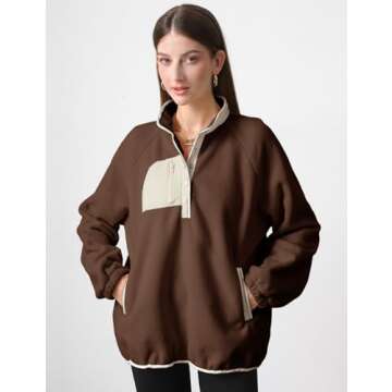 Yimoon Womens Lightweight Fleece Sweatshirt Fuzzy Sherpa Pullover Jacket Plus Size Color Block Button Down Fall Winter Outwear with Pockets (Brown-L)