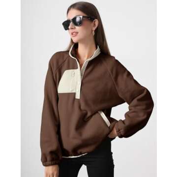Yimoon Womens Lightweight Fleece Sweatshirt Fuzzy Sherpa Pullover Jacket Plus Size Color Block Button Down Fall Winter Outwear with Pockets (Brown-L)