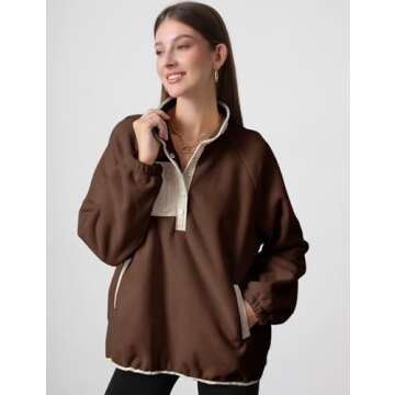 Yimoon Womens Lightweight Fleece Sweatshirt Fuzzy Sherpa Pullover Jacket Plus Size Color Block Button Down Fall Winter Outwear with Pockets (Brown-L)