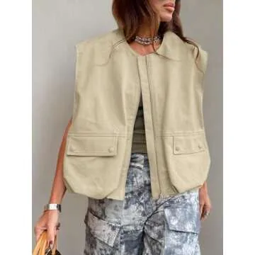 Tankaneo Womens Casual Zip Up Vest Cargo Oversized Ruched Hem Sleeveless Blazer Jackets Tops