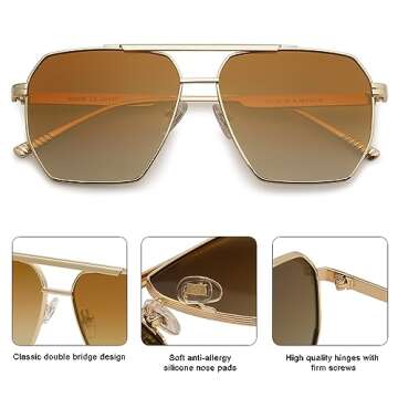 SOJOS Retro Oversized Square Polarized Sunglasses for Women and Men Vintage Shades Classic Large Metal Sun Glasses with Gold/Brown Lens