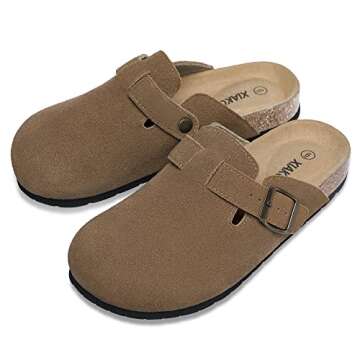 Xiakolaka Women's Suede Leather Clogs Adjustable Buckle Slip on Footbed Home Clog Brown Slippers Size 7