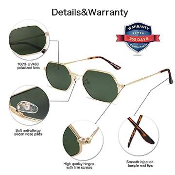 VANLINKER Polarized Hexagon Gold Metal Sunglasses for Women Men Polygon Sunnies Green Lens