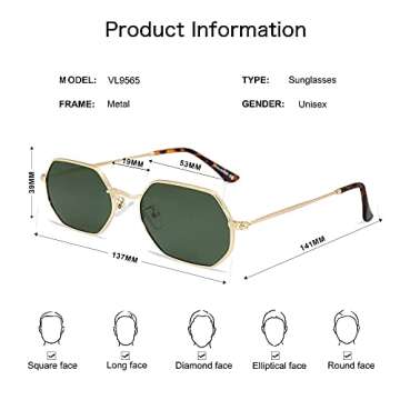 VANLINKER Polarized Hexagon Gold Metal Sunglasses for Women Men Polygon Sunnies Green Lens