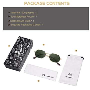 VANLINKER Polarized Hexagon Gold Metal Sunglasses for Women Men Polygon Sunnies Green Lens