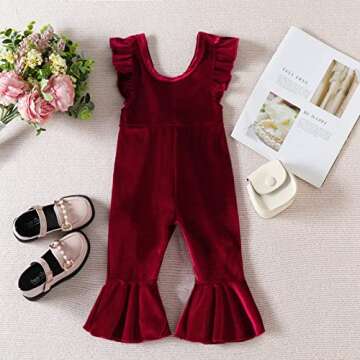 YOKJZJD Infant Toddler Baby Girl Velvet Romper Jumpsuit Overalls Bell Bottom Pants Fall Suspender Leggings Christmas Outfits (A-Wine Red, 12-18 Months)