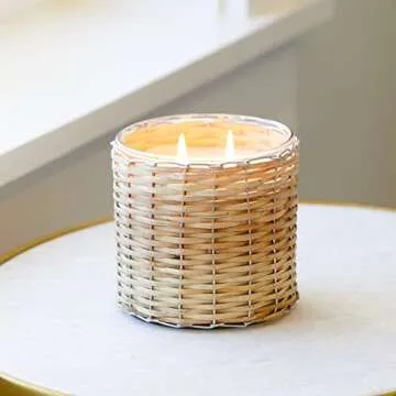 Field + Fleur by Hillhouse Naturals Blue Seaside2 Wick Woven Glass Candle–Tangy Citrus,ripe Coconut,with a Scent of Warm Amber,Musk and Spicy sandalwood-100% Soy Wax Blend–Burn time 75+ Hours