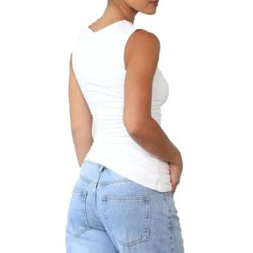 HEILA Women's Casual Ruched V Neck Tank Top Summer Irregularity Slim Fit Sleeveless Shirt White