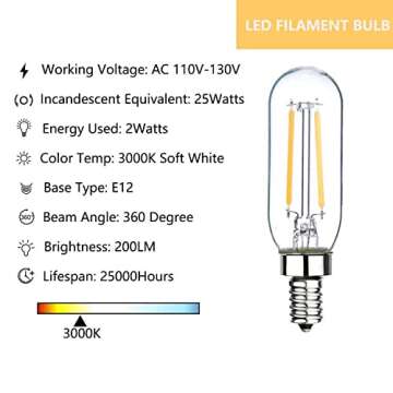 Sunaiony E12 Candelabra Bulb 25W T6 LED Bulb Dimmable 3000K Soft White, 2W Vintage LED Filament Edis...