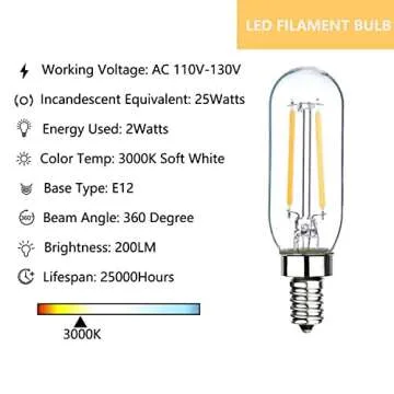 Sunaiony E12 Candelabra Bulb 25W T6 LED Bulb Dimmable 3000K Soft White, 2W Vintage LED Filament Edis...