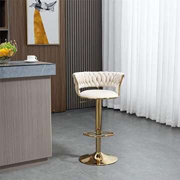 Kakotito 360° Velvet Swivel Bar Stools with Low Back & Footrest, Adjustable Counter Barstools, Gold Bar Stool (Set of 2, Ivory)