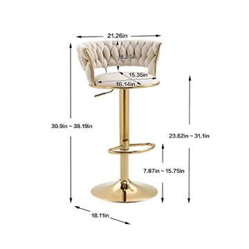 Kakotito 360° Velvet Swivel Bar Stools with Low Back & Footrest, Adjustable Counter Barstools, Gold Bar Stool (Set of 2, Ivory)