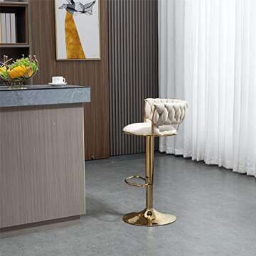 Kakotito 360° Velvet Swivel Bar Stools with Low Back & Footrest, Adjustable Counter Barstools, Gold Bar Stool (Set of 2, Ivory)