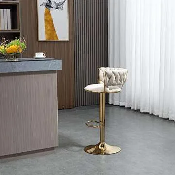 Kakotito 360° Velvet Swivel Bar Stools with Low Back & Footrest, Adjustable Counter Barstools, Gold Bar Stool (Set of 2, Ivory)