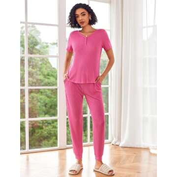 Ekouaer Women's Rib Knit 2 Piece Pajama Set - Stylish & Comfy Sleepwear with Pockets