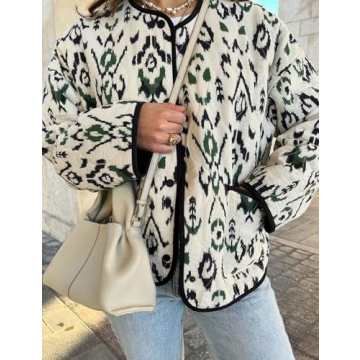 Yimoon Women's Cropped Quilted Puffer Jacket Floral Print Lightweight Padded Coat Vintage Button Down Puffy Outwear(White-L)