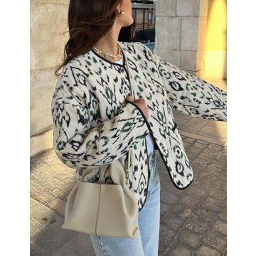 Yimoon Women's Cropped Quilted Puffer Jacket Floral Print Lightweight Padded Coat Vintage Button Down Puffy Outwear(White-L)