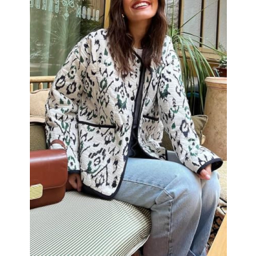 Yimoon Women's Cropped Quilted Puffer Jacket Floral Print Lightweight Padded Coat Vintage Button Down Puffy Outwear(White-L)