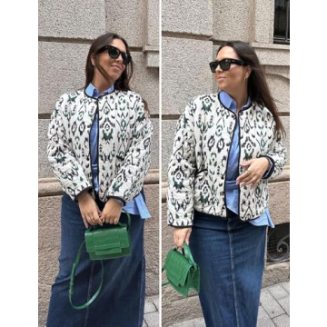 Yimoon Women's Cropped Quilted Puffer Jacket Floral Print Lightweight Padded Coat Vintage Button Down Puffy Outwear(White-L)