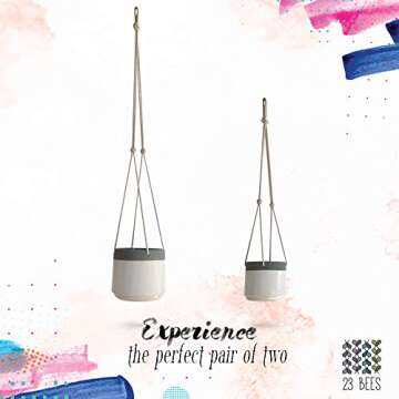 23 Bees Ceramic Hanging Planter, White Gray Succulent Pots, Round Plant Holder Container, Cactus Pot with Cotton Rope Hanger, Indoor Outdoor Decor, (2 Pack x White)