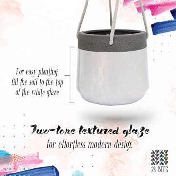 23 Bees Ceramic Hanging Planter, White Gray Succulent Pots, Round Plant Holder Container, Cactus Pot with Cotton Rope Hanger, Indoor Outdoor Decor, (2 Pack x White)