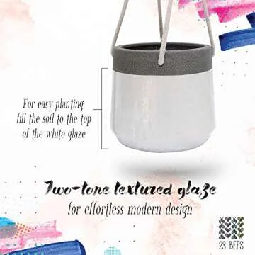 23 Bees Ceramic Hanging Planter, White Gray Succulent Pots, Round Plant Holder Container, Cactus Pot with Cotton Rope Hanger, Indoor Outdoor Decor, (2 Pack x White)
