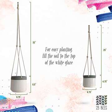 23 Bees Ceramic Hanging Planter, White Gray Succulent Pots, Round Plant Holder Container, Cactus Pot with Cotton Rope Hanger, Indoor Outdoor Decor, (2 Pack x White)