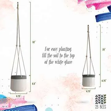 23 Bees Ceramic Hanging Planter, White Gray Succulent Pots, Round Plant Holder Container, Cactus Pot with Cotton Rope Hanger, Indoor Outdoor Decor, (2 Pack x White)