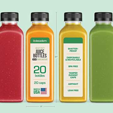 DECADORN 12oz 20pcs Juice Bottles With Caps - MADE IN USA Juice Containers With Lids For Fridge - Ju...