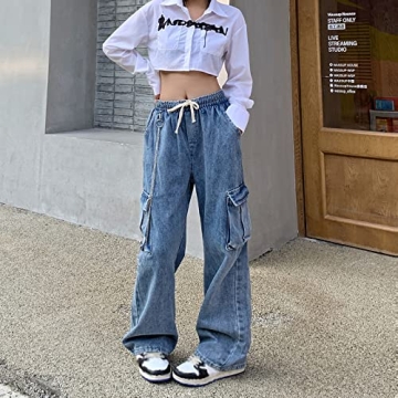 Veryin Baggy Jeans for Women High Waist Y2K Boyfriend Casual Loose Wide Leg Drawstring Cargo Pants with Pockets