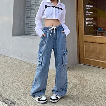Veryin Baggy Jeans for Women High Waist Y2K Boyfriend Casual Loose Wide Leg Drawstring Cargo Pants with Pockets
