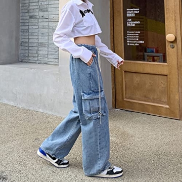 Veryin Baggy Jeans for Women High Waist Y2K Boyfriend Casual Loose Wide Leg Drawstring Cargo Pants with Pockets