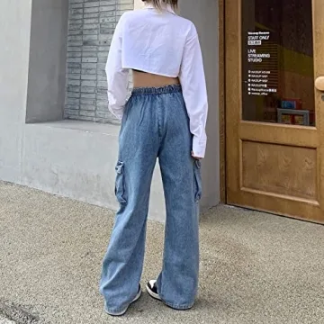 Veryin Baggy Jeans for Women High Waist Y2K Boyfriend Casual Loose Wide Leg Drawstring Cargo Pants with Pockets