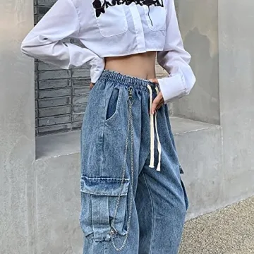 Veryin Baggy Jeans for Women High Waist Y2K Boyfriend Casual Loose Wide Leg Drawstring Cargo Pants with Pockets