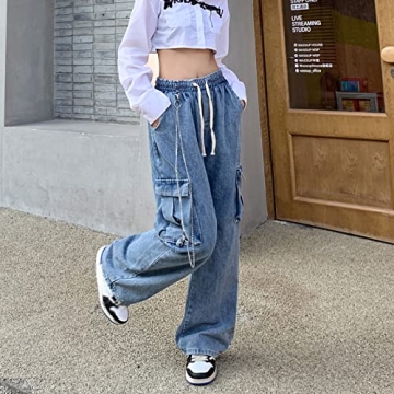 Veryin Baggy Jeans for Women High Waist Y2K Boyfriend Casual Loose Wide Leg Drawstring Cargo Pants with Pockets
