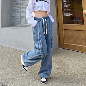 Veryin Baggy Jeans for Women High Waist Y2K Boyfriend Casual Loose Wide Leg Drawstring Cargo Pants with Pockets