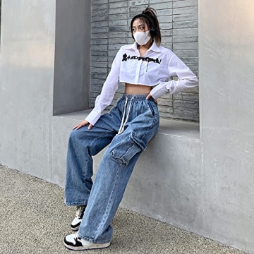 Veryin Baggy Jeans for Women High Waist Y2K Boyfriend Casual Loose Wide Leg Drawstring Cargo Pants with Pockets