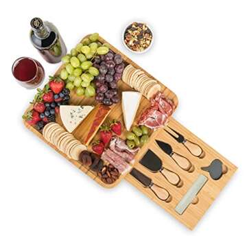 Noble Nest Bamboo Cheese Board and Knife Set with Drawer, Slate Labels, Marker & Travel Bag - Charcu...
