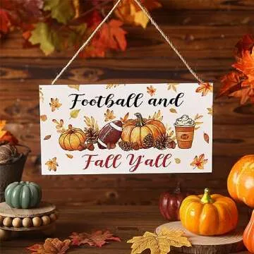 Geetery Football and Fall Y'all Wood Sign Hanging Farmhouse Wall Decor Fall Football Wall Decor Rustic Wooden Autumn Porch Sign for Front Door Home Living Room Garden Harvest Thanksgiving (Lovely)