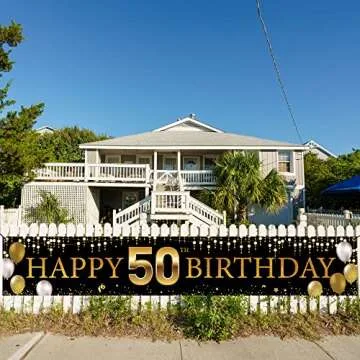 50th Birthday Decorations Yard Banner, Black Gold Happy 50th Birthday Decorations for Men Women, 50 Years Old Birthday Party Backdrop, 60 Birthday Sign for Outdoor Indoor, Fabric Vicycaty