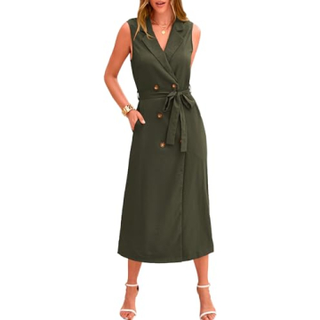 BTFBM Casual Business Dress 2024 Summer Work Office Lapel V Neck Slit Belted Sleeveless Button Down Dresses with Pockets